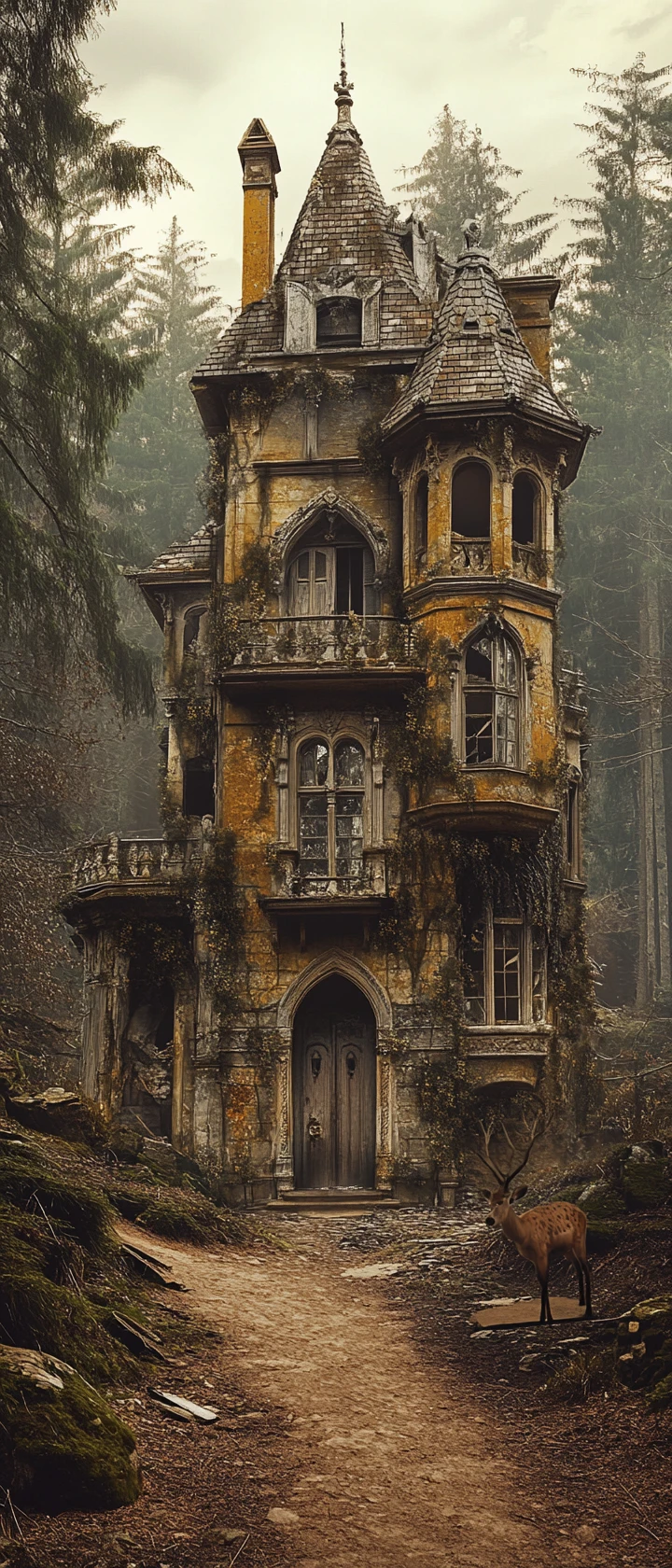 Villa vittoriana in rovina in una foresta nebbiosa al tramonto