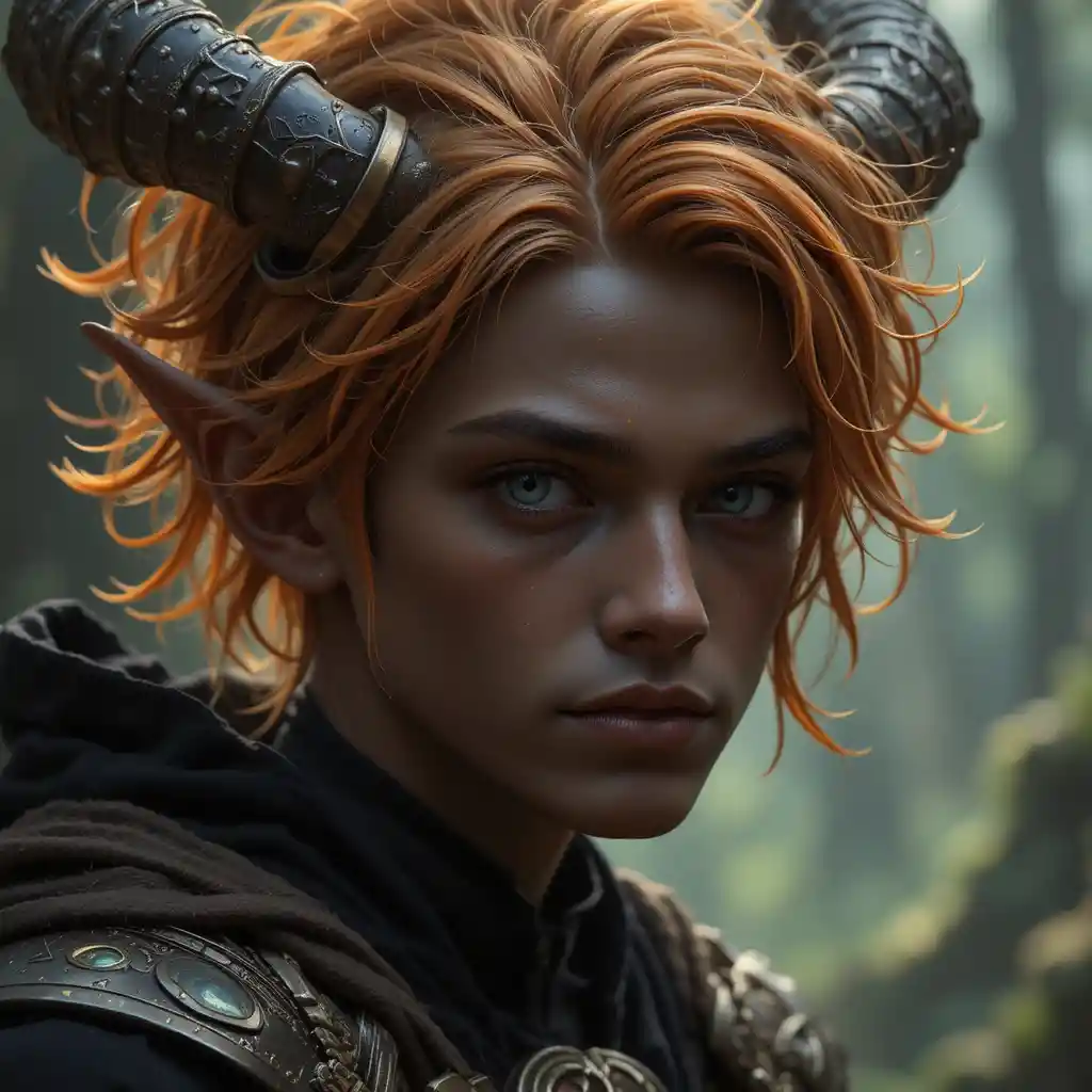 Young dark god with orange hair in a fantasy realm