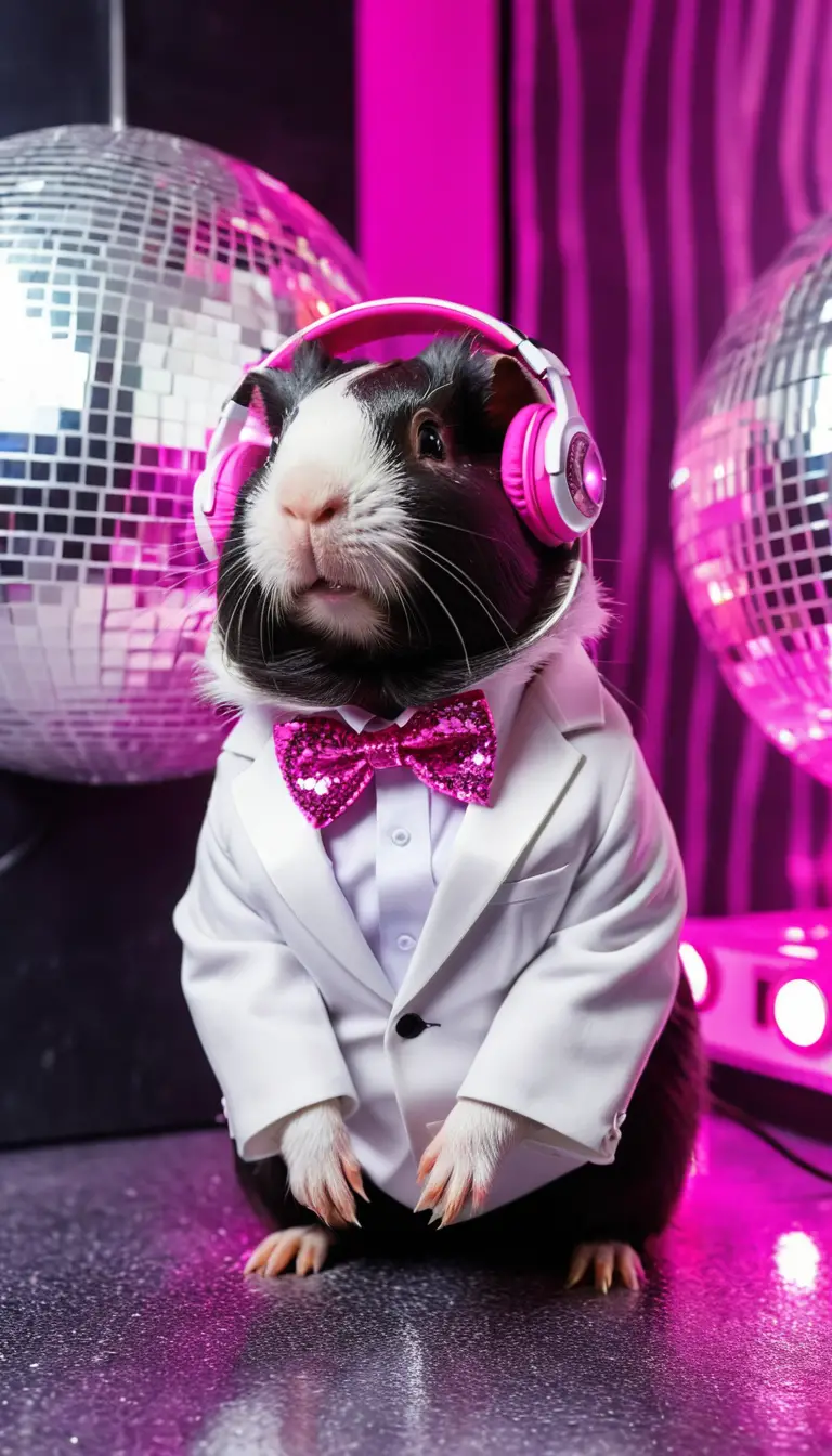 Guinea Pig In Tuxedo With Pink Disco Headphones