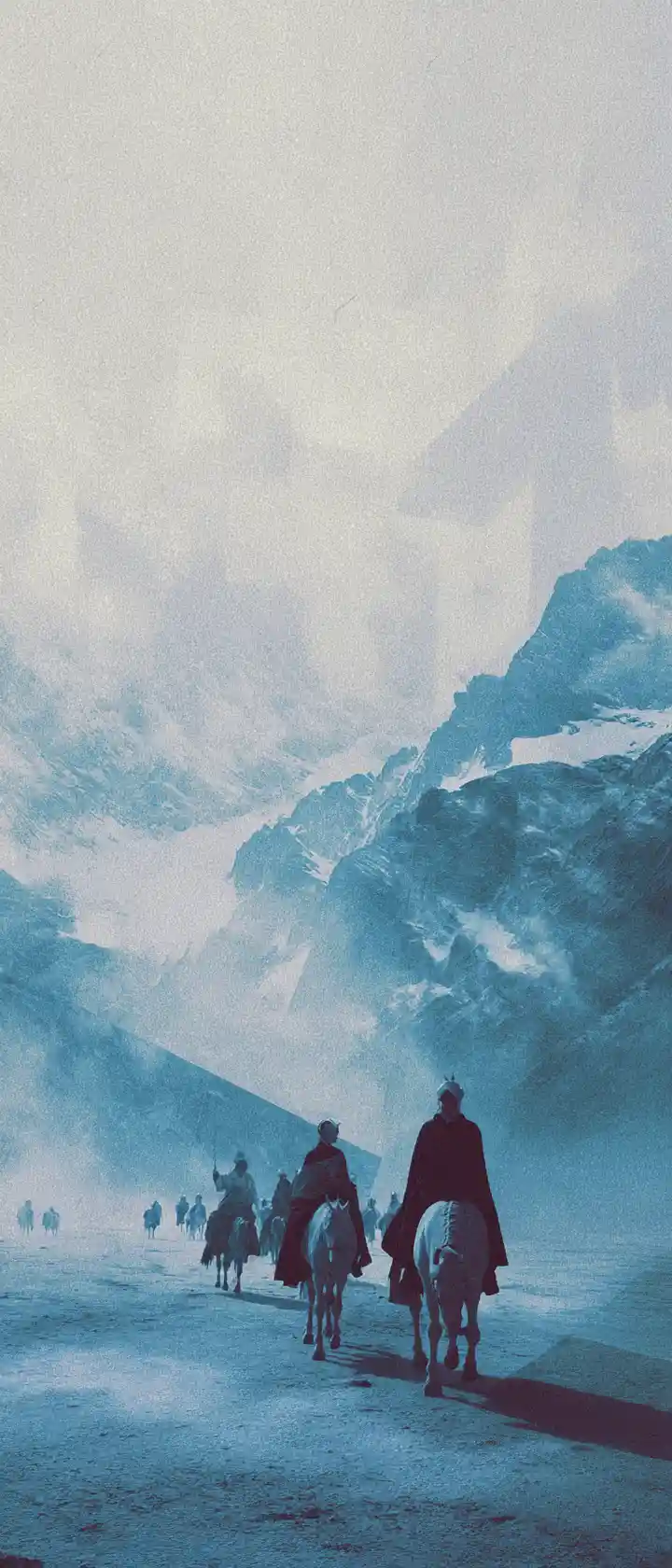 Surreal ice fortress with armored figures in moody collage art