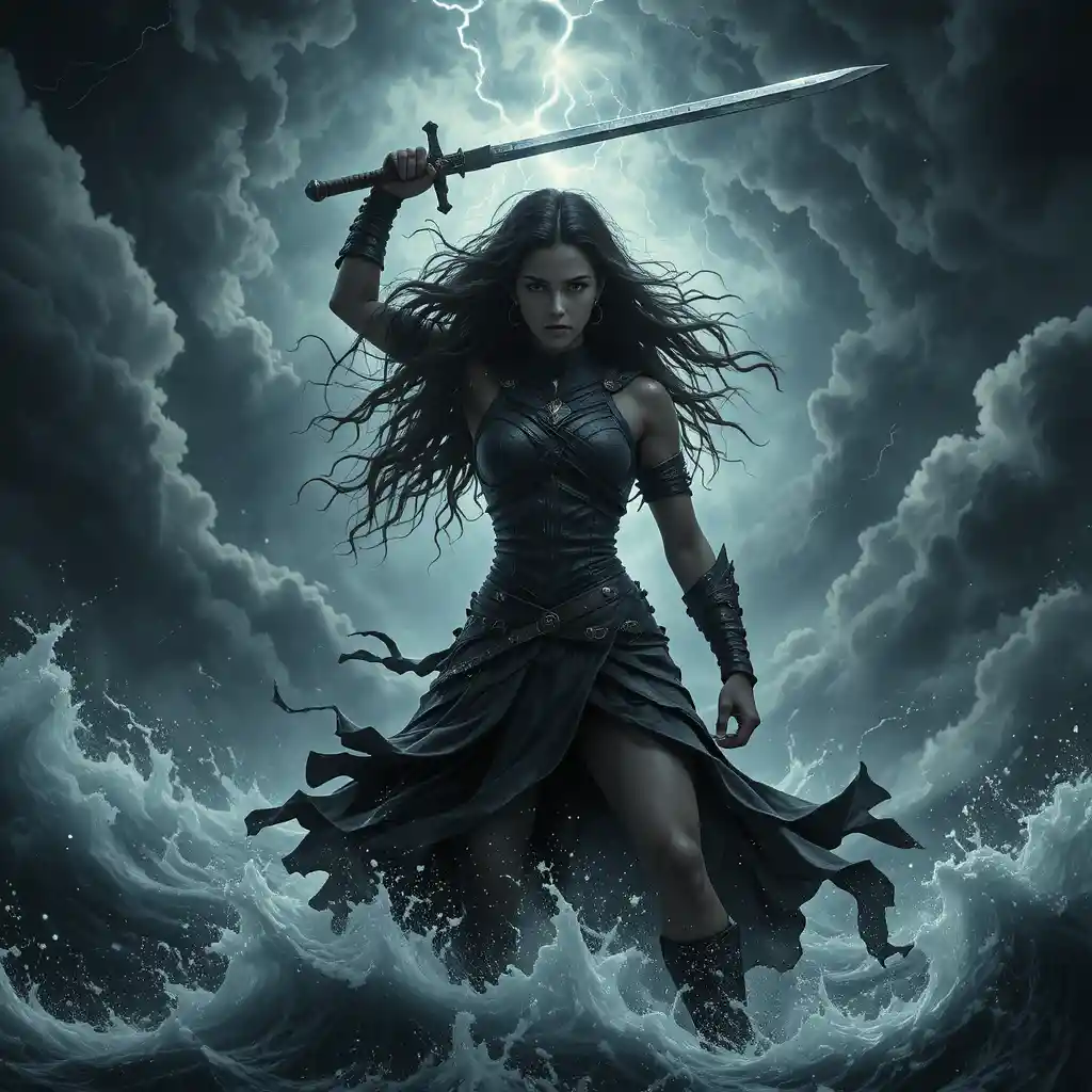 Warrior woman standing against a raging lightning storm