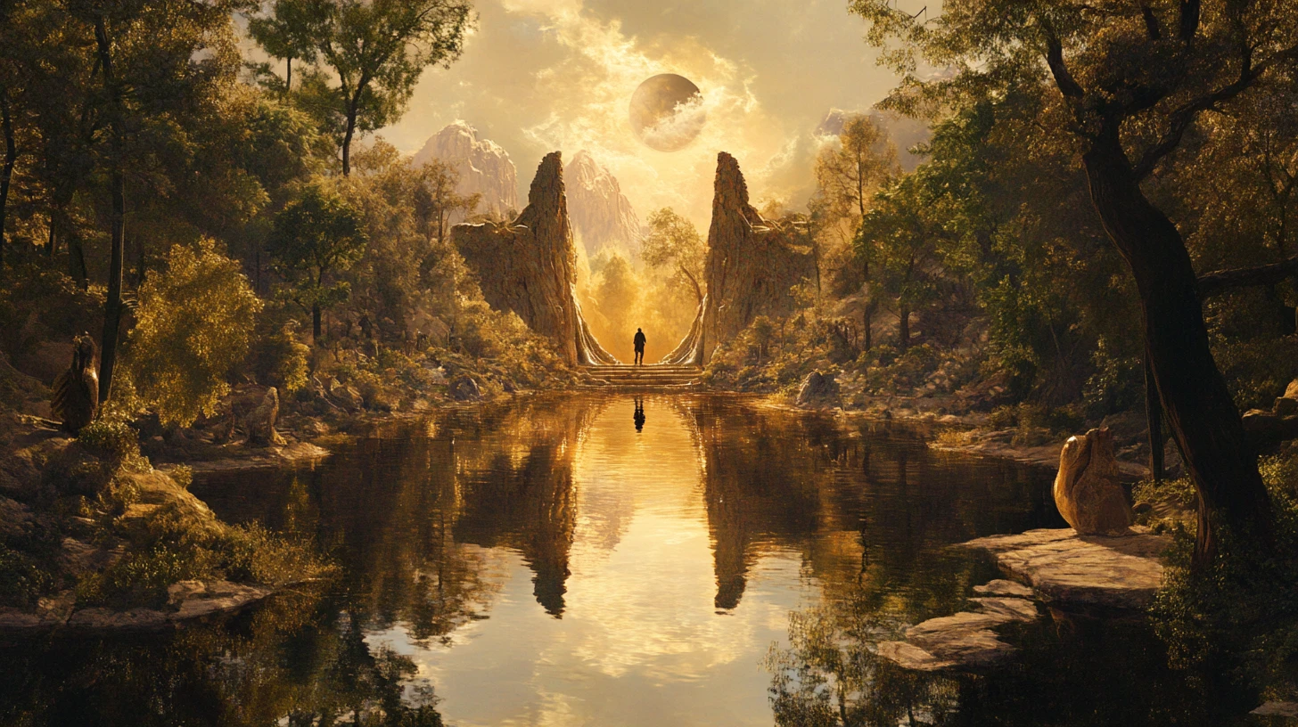 Surreale Vision von Lebensentscheidungen in einer symbolischen Innenlandschaft
