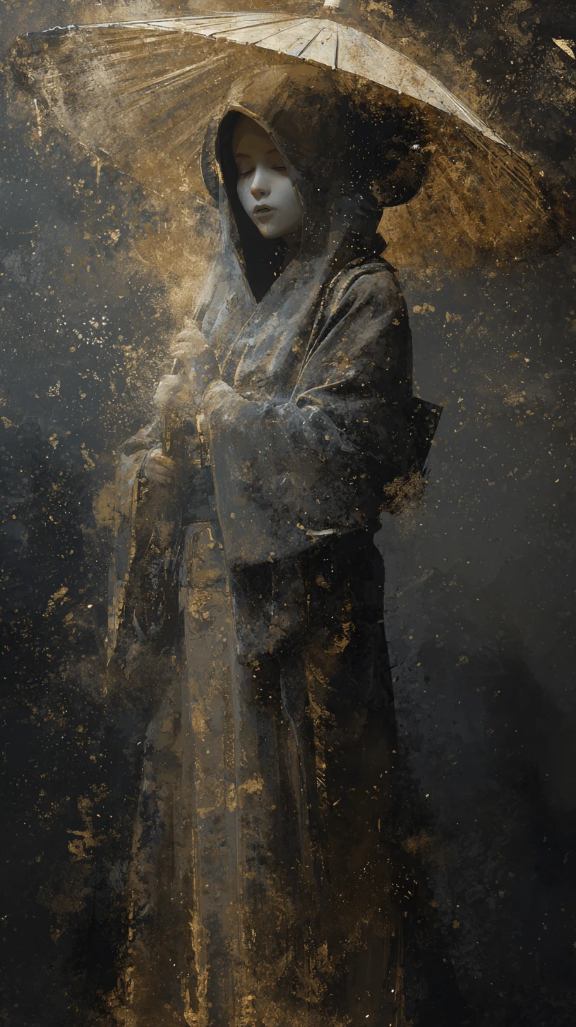 Haunting cloaked geisha figure in rainy city street mist