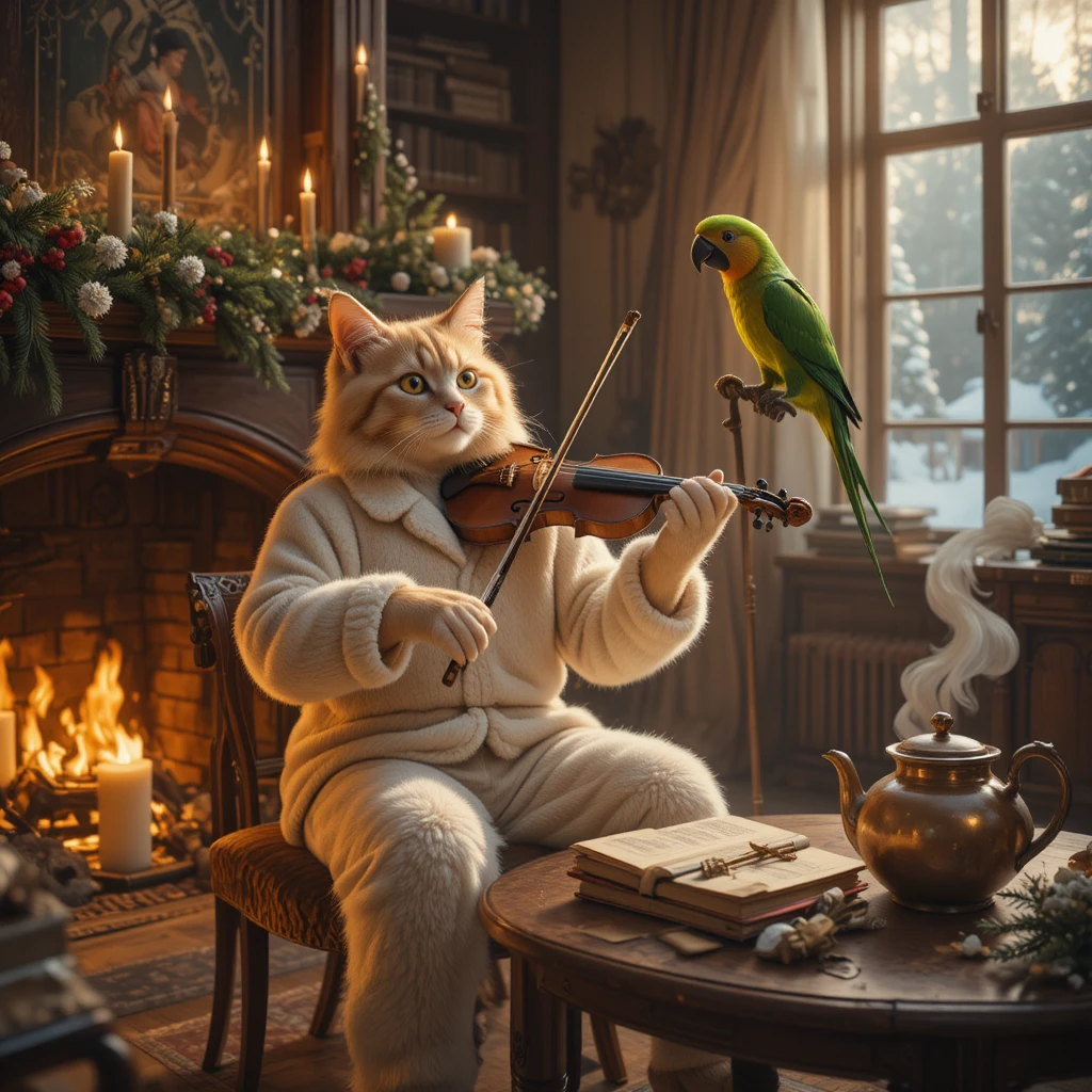 Gato Tocando el Violín Junto a la Chimenea con un Loro Director
