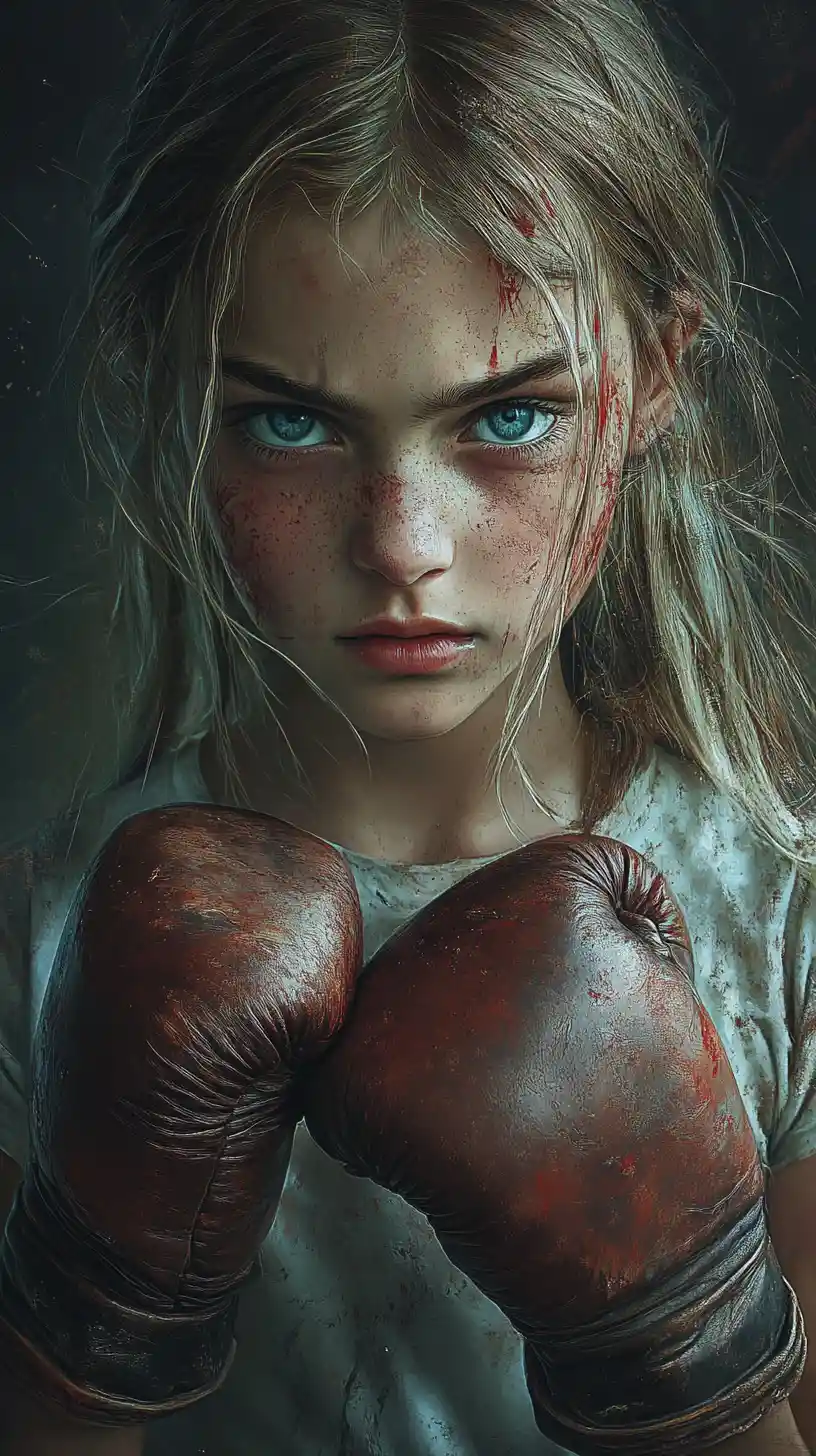Determined young girl with bloody boxing gloves in shadow