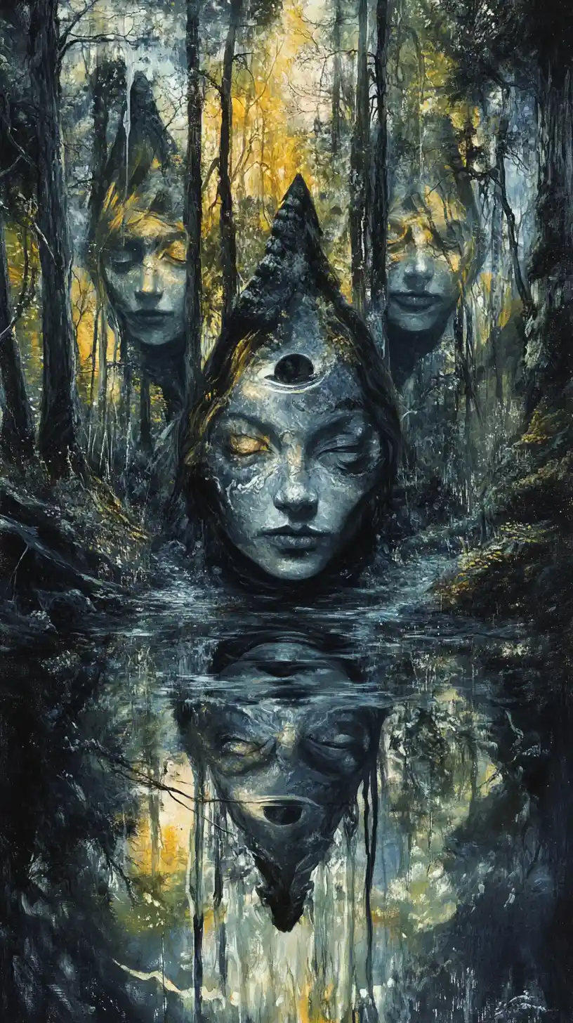 Surreal witch in a mystical forest of endless reflections
