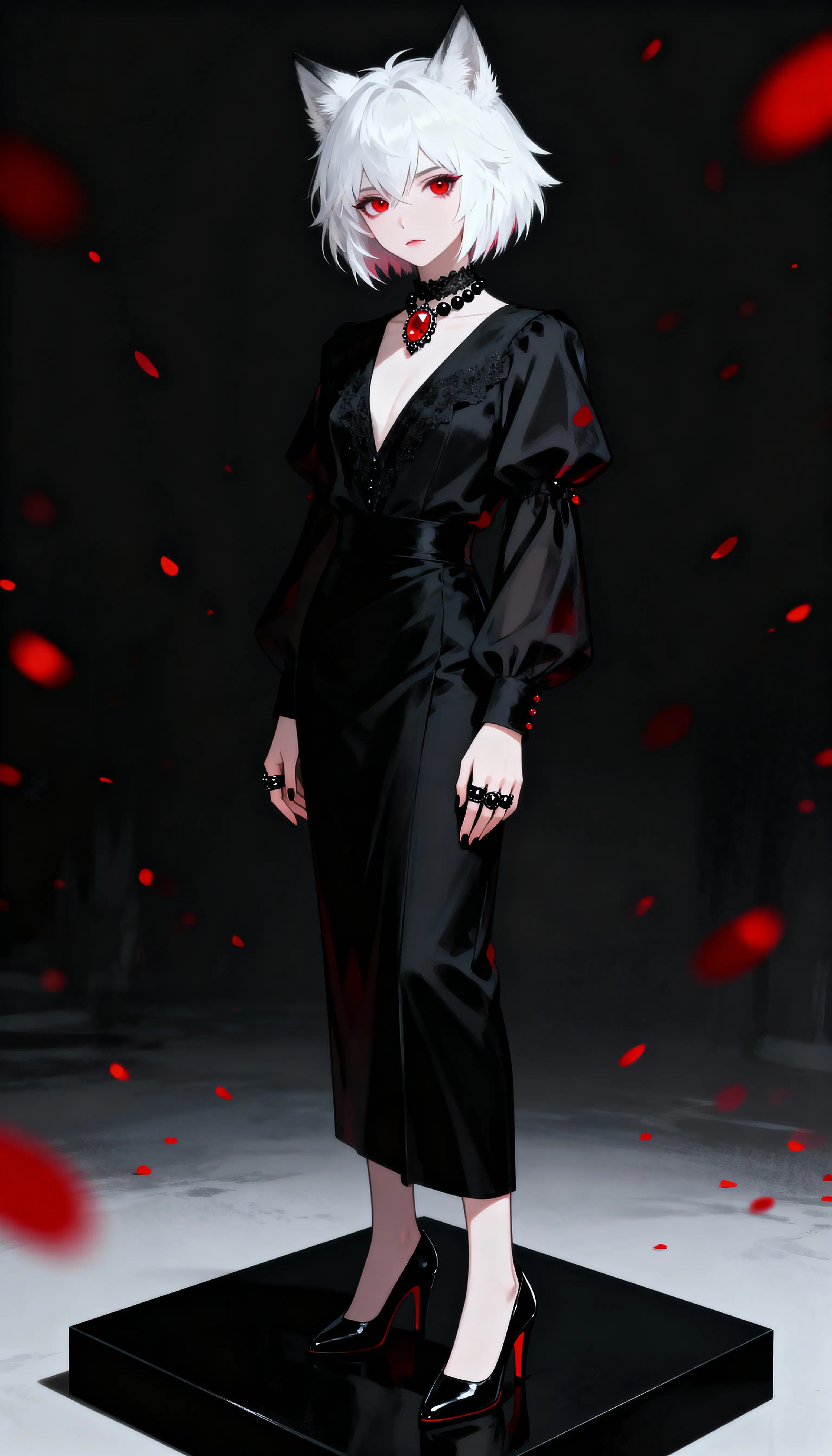 White haired anime girl on dark platform with red glow