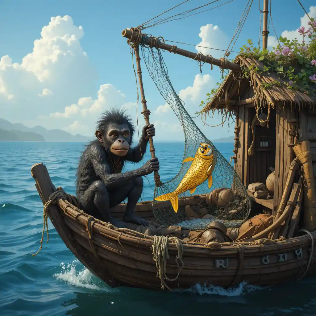 Poor fishermonkey in a small shack by the sea
