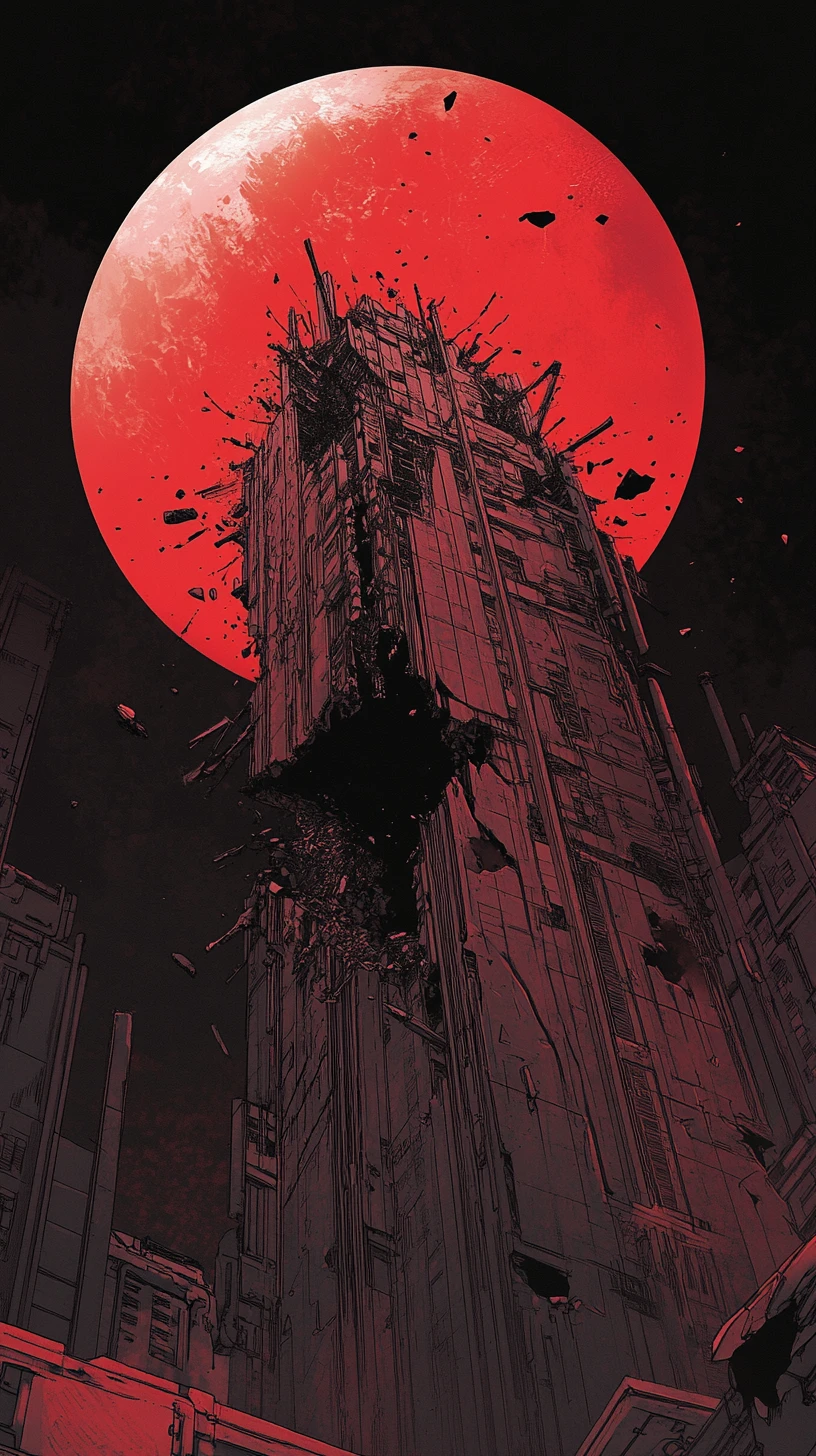 Crumbling dystopian megastructure against a blood red sun