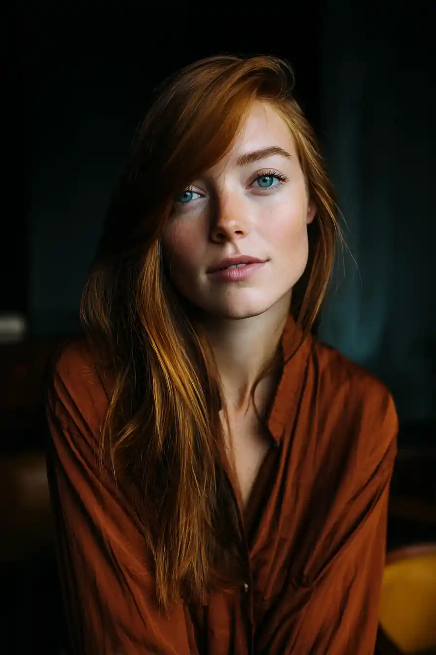 Relaxed copper haired woman in a moody indoor portrait