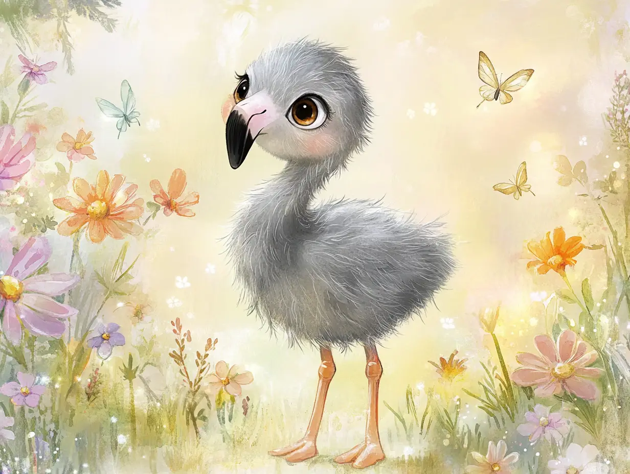 Watercolor baby flamingo in a dreamy flower meadow