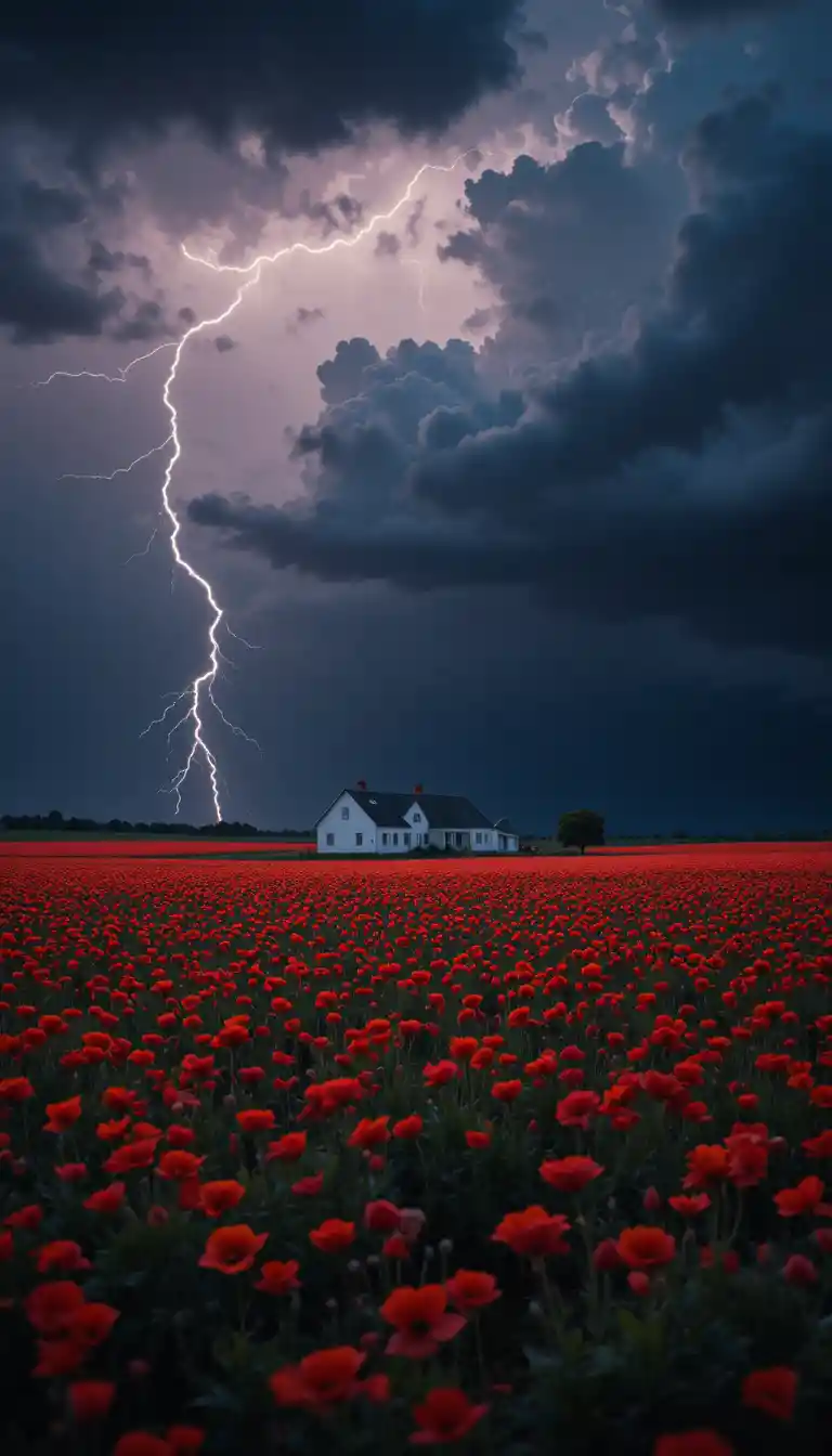 White Farmhouse Amid Red Poppy Field Under Storm Sky