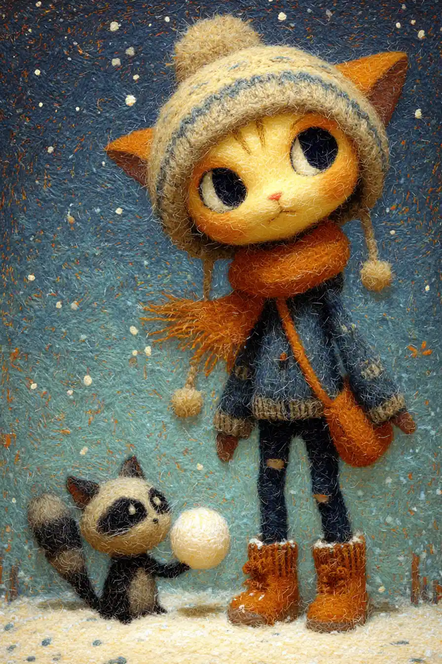 Anthropomorphic cat throwing snowballs in winter city street