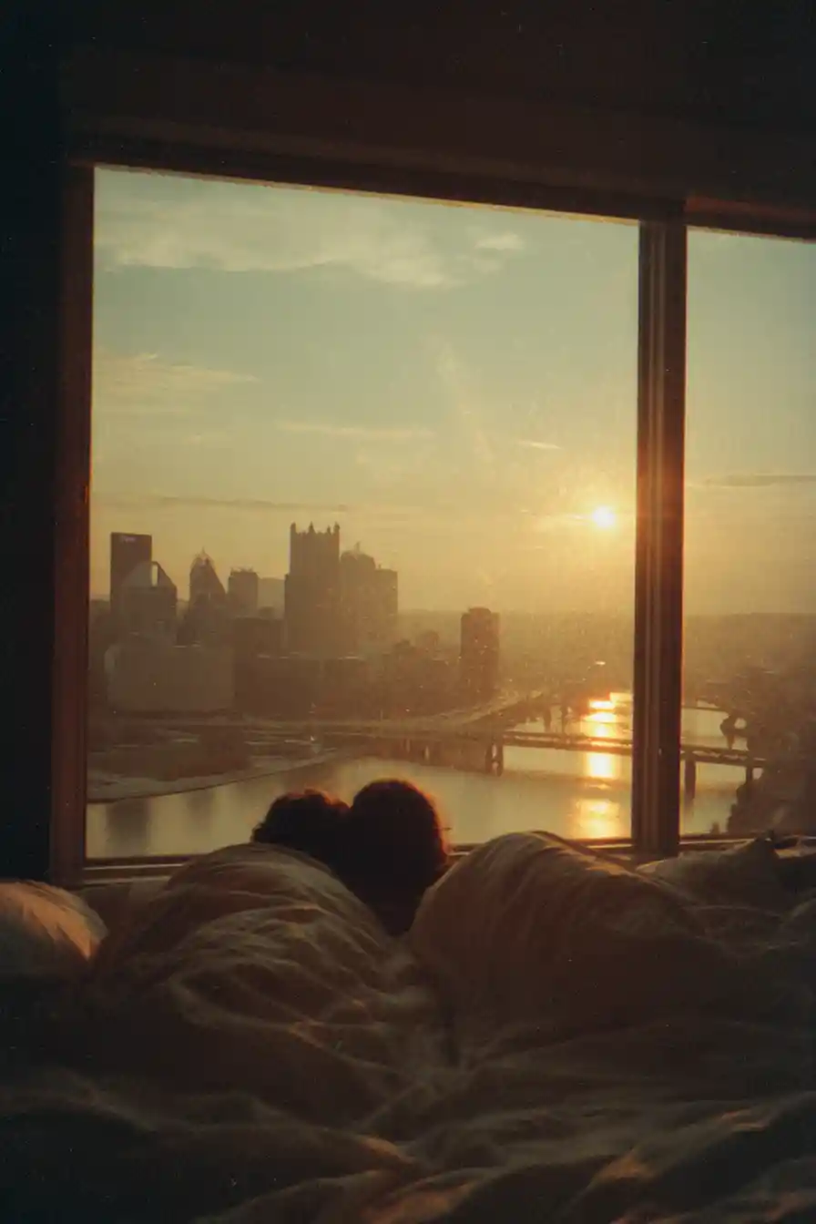 Couple Relaxing In Bed With Sunset City View