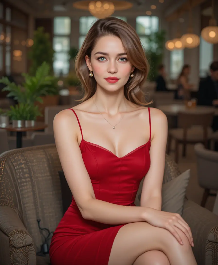 붉은 드레스를 입은 우아한 금발 여성의 모던 라운지