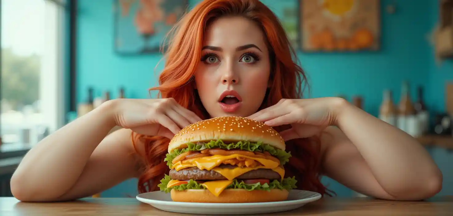 Curvy red haired woman afraid to eat big hamburger