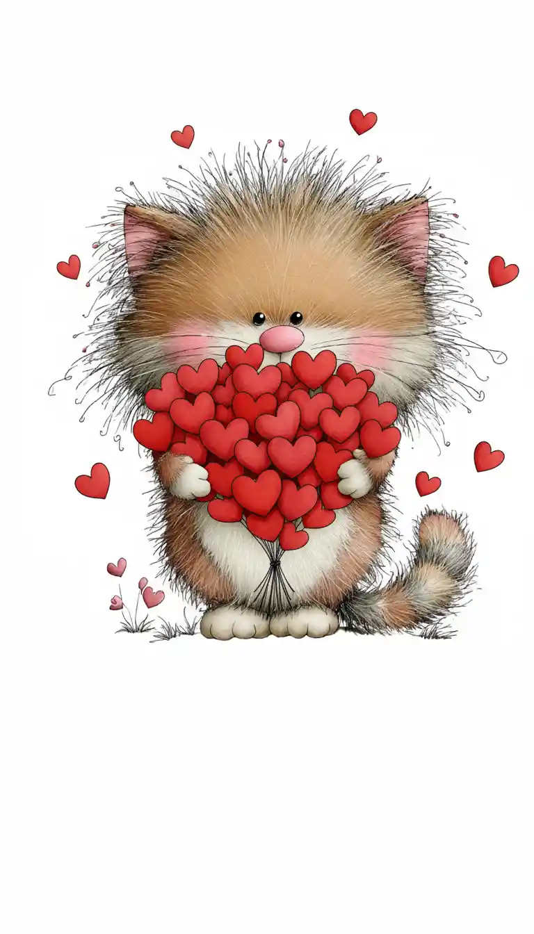 Fluffy ginger kitten holding a bouquet of red hearts