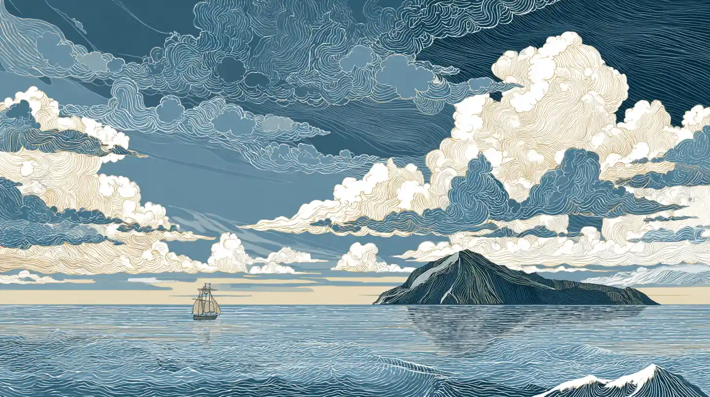 Ukiyo e inspired ocean scene with island and ship