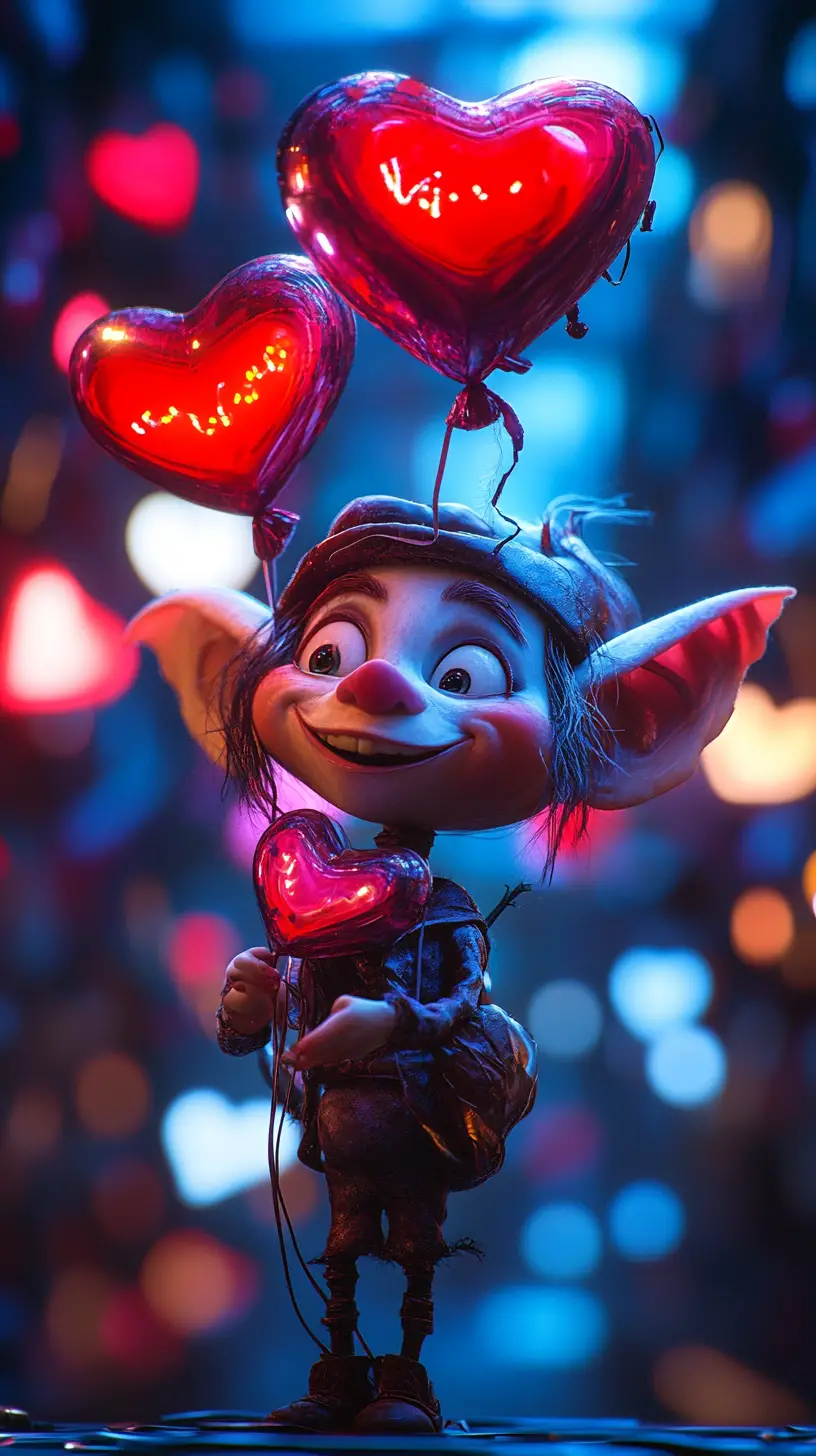 Playful cartoon elf in a surreal romantic landscape