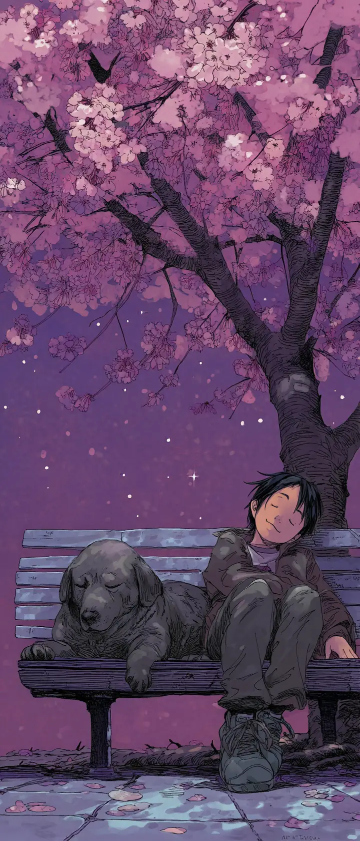 Teenage boy sleeping on a park bench with loyal dog