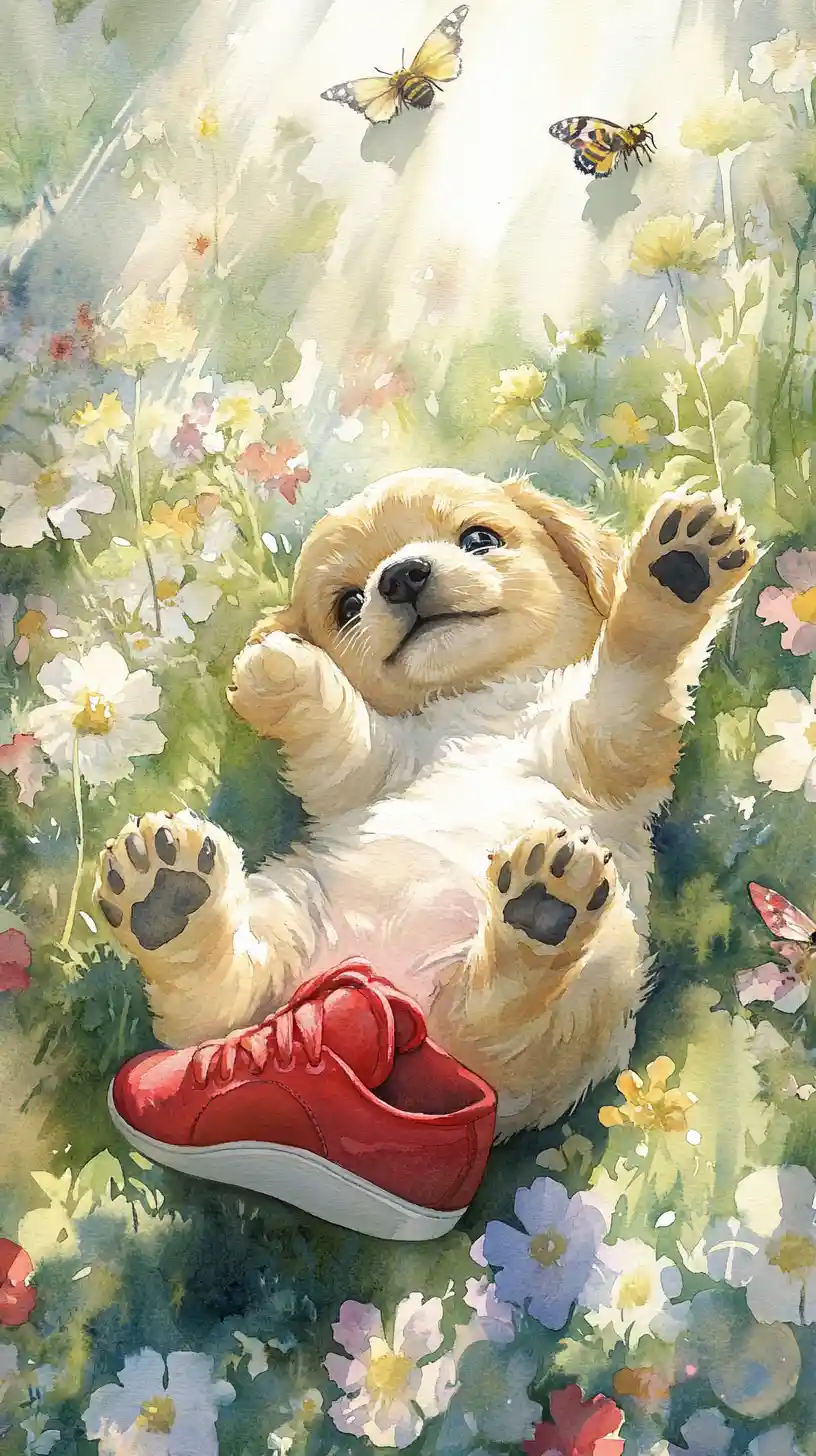 Cute puppy playing with red sneaker in flower meadow