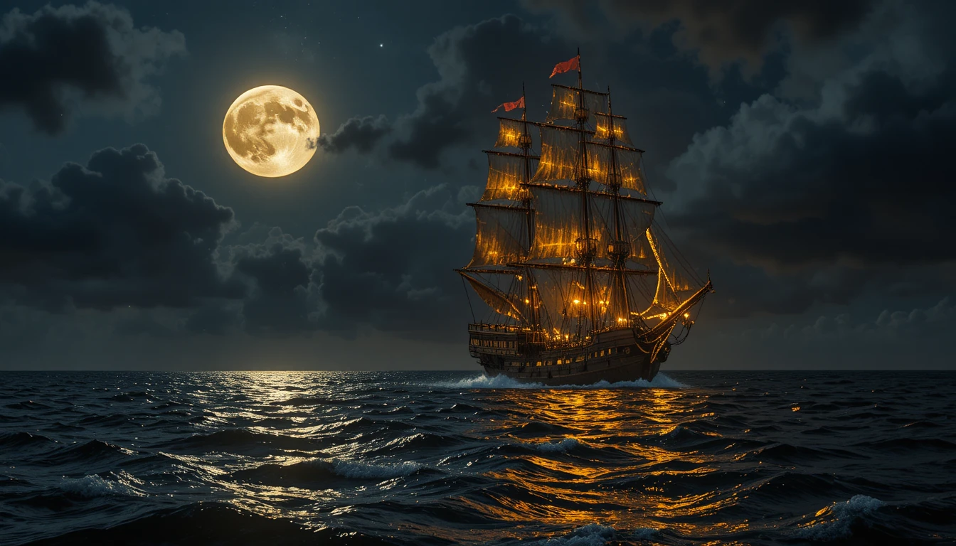 Galeone che solca l’oceano sotto una luminosa luna piena