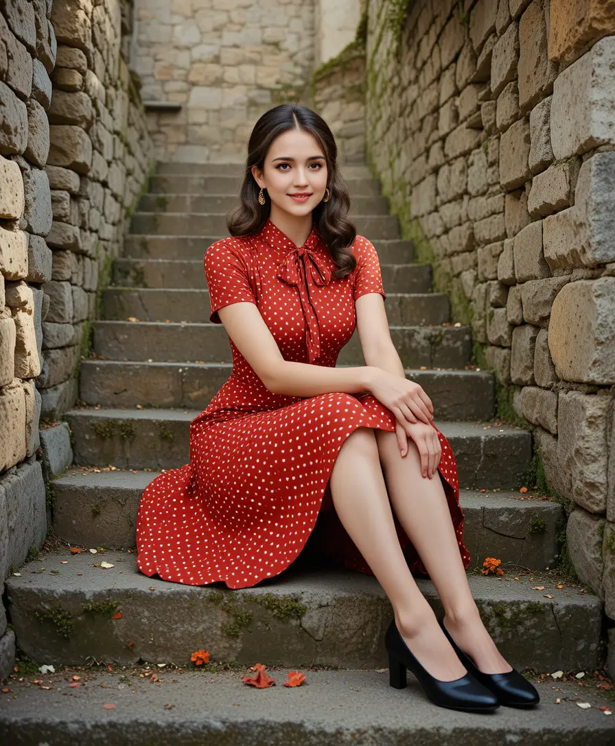 Elegant woman in red dress on mossy stone steps