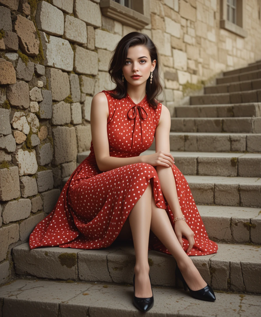 Elegante donna sui gradini di pietra con abito rosso vintage