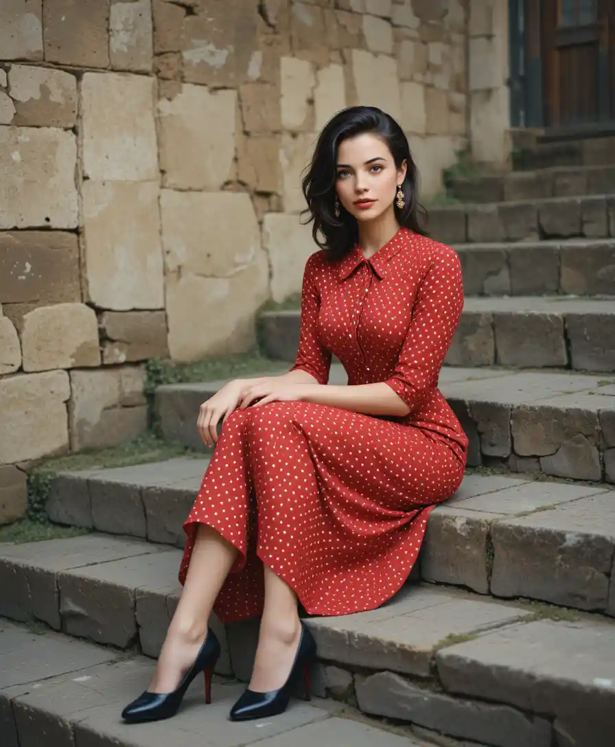 Elegante donna in abito rosso su gradini di pietra muschiosi