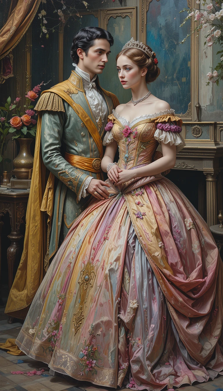 Halbfigurative Prinz-und-Prinzessin-Szene in reich strukturiertem Impasto-Gemälde