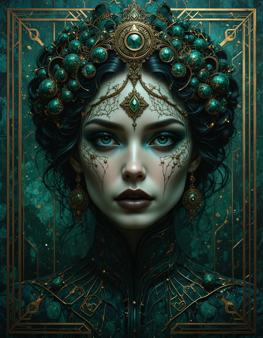 Retrato abstracto geométrico verde esmeralda inspirado en art déco