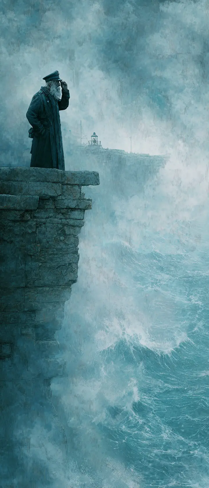 Elderly lighthouse keeper with lantern on stormy sea cliff