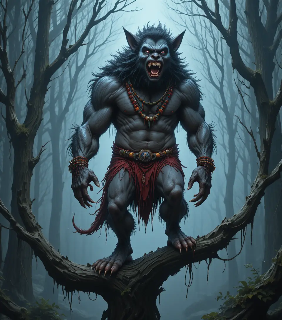Menacing werewolf on a branch in a dark misty forest