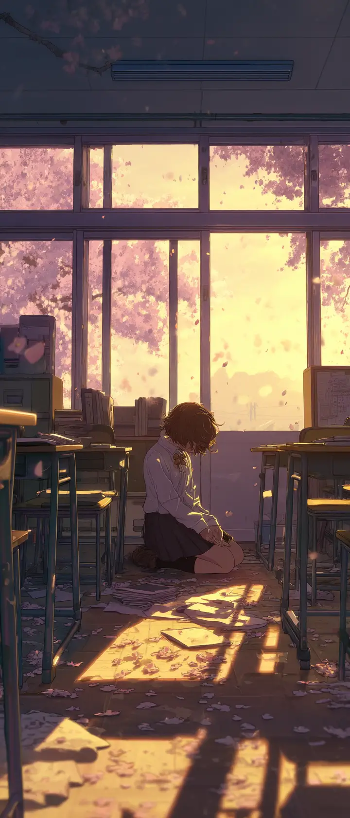 Anime schoolgirl saying goodbye in empty classroom