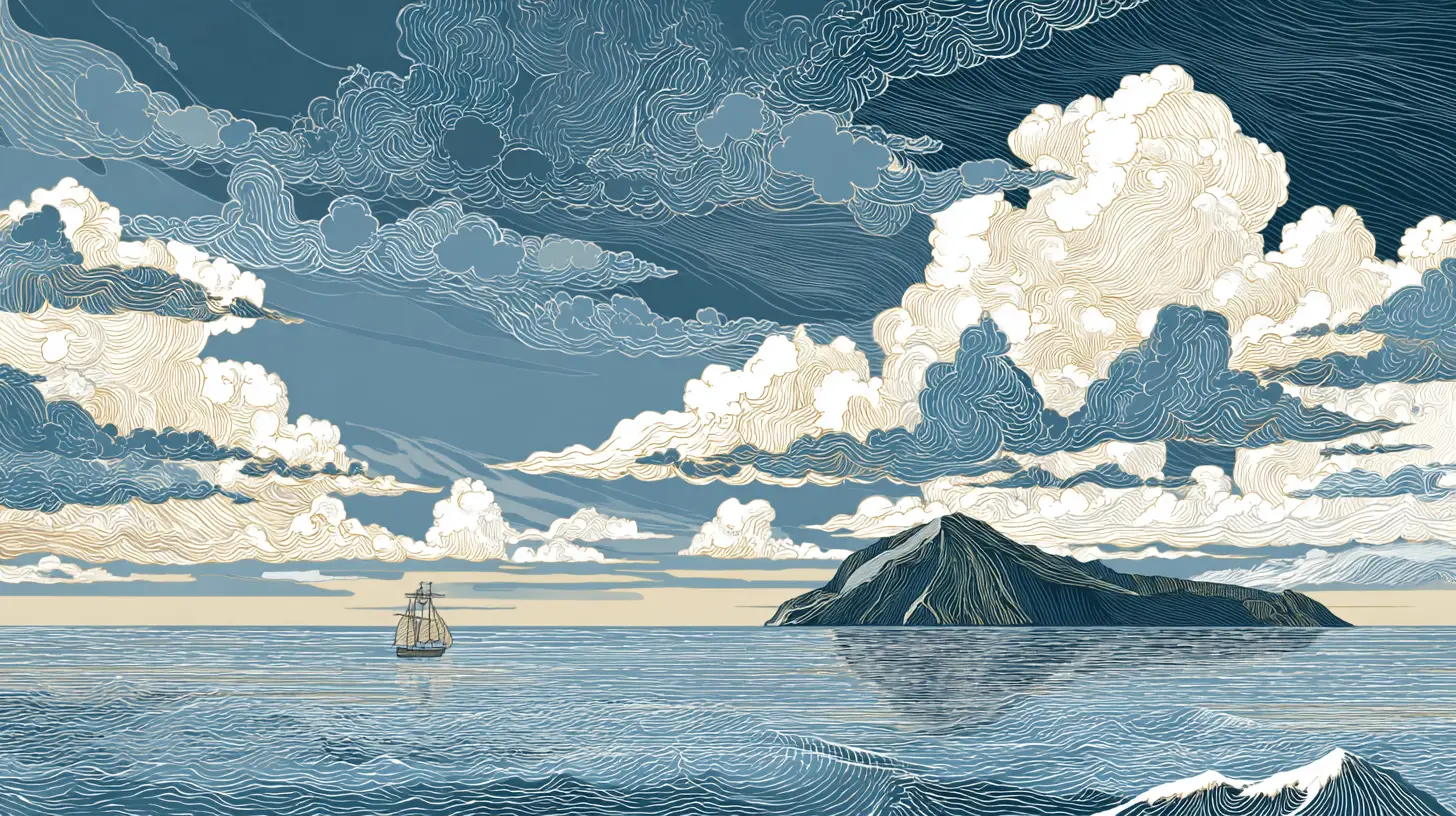 Ukiyo e inspired ocean scene with island and ship