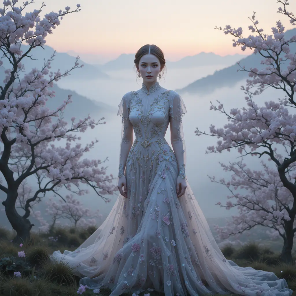 Ethereal Russian woman in misty dawn cherry blossom landscape