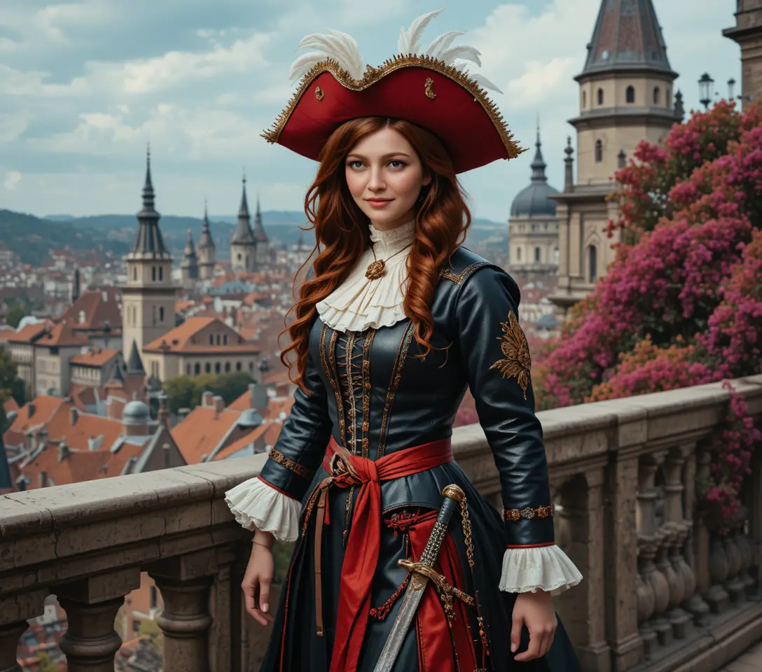Musketeer woman walking along a gothic palace belvedere