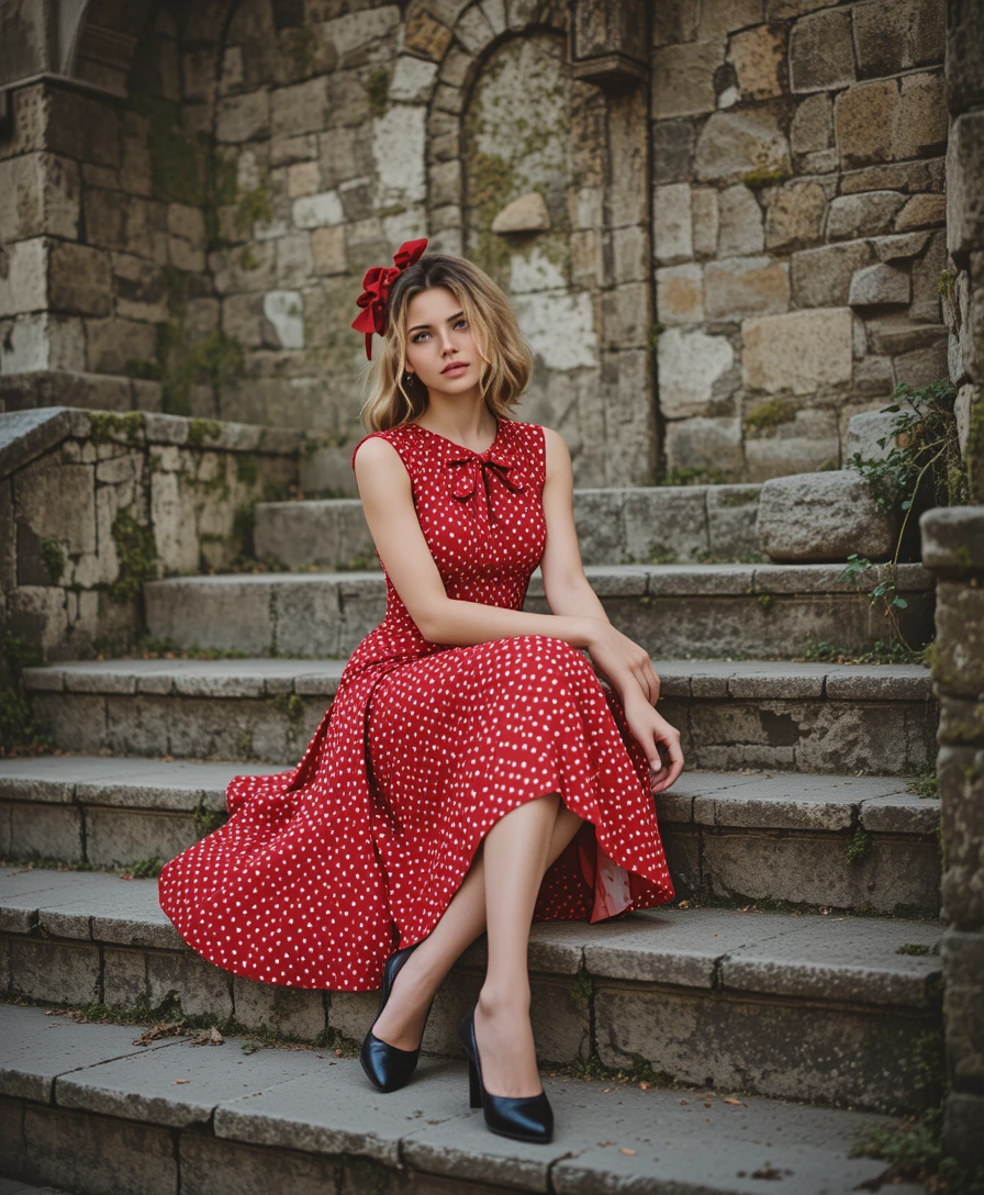 Elegante donna in abito rosso su antichi gradini di pietra