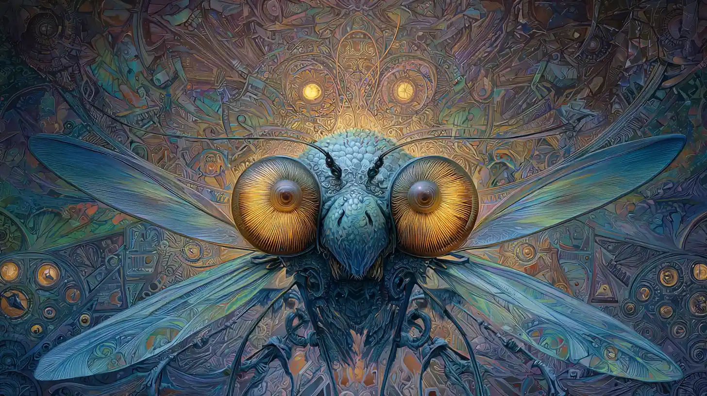 Surreal firefly creature emerging from mystical vortex