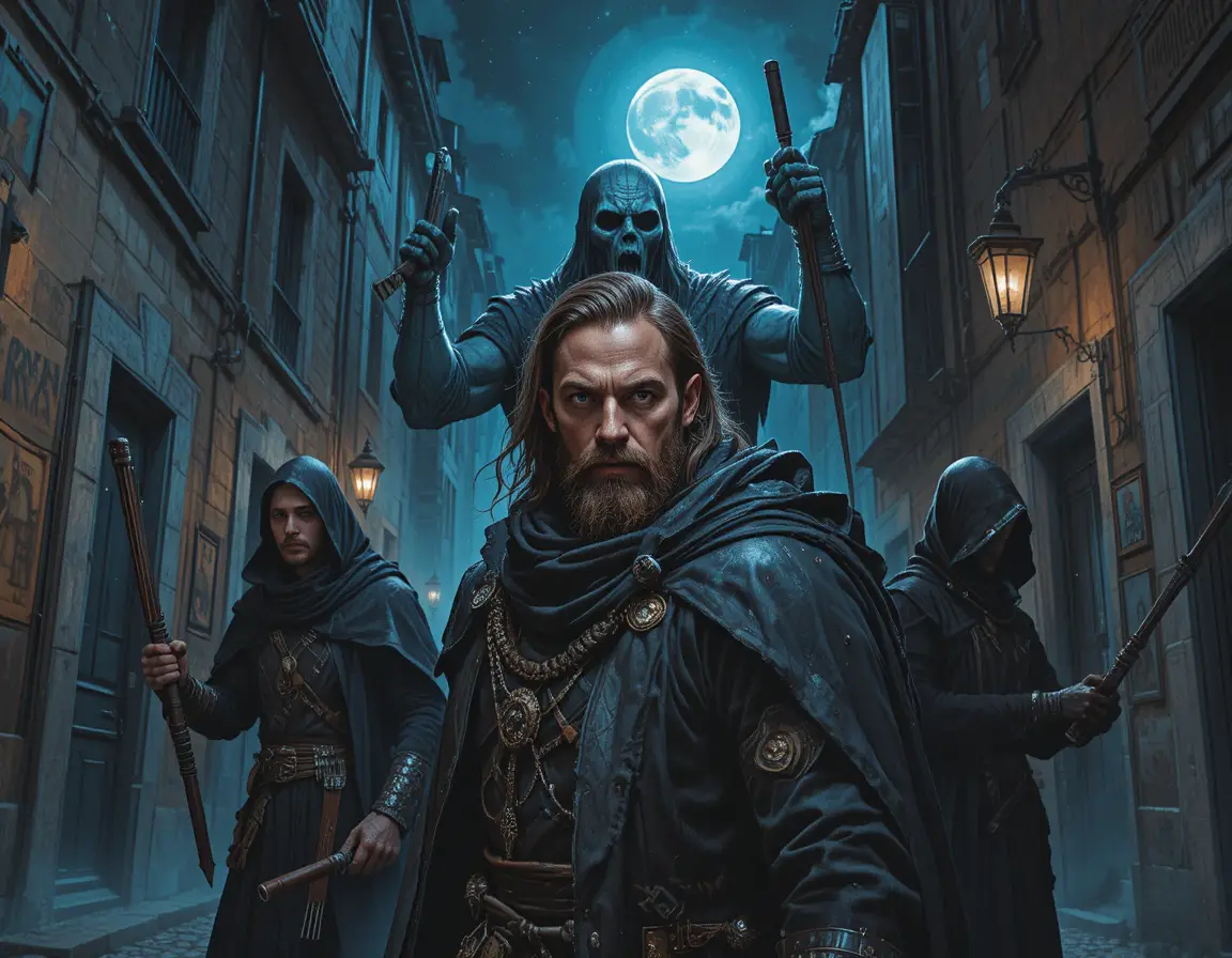 Barbarian warrior facing spectral skeleton in moonlit alley