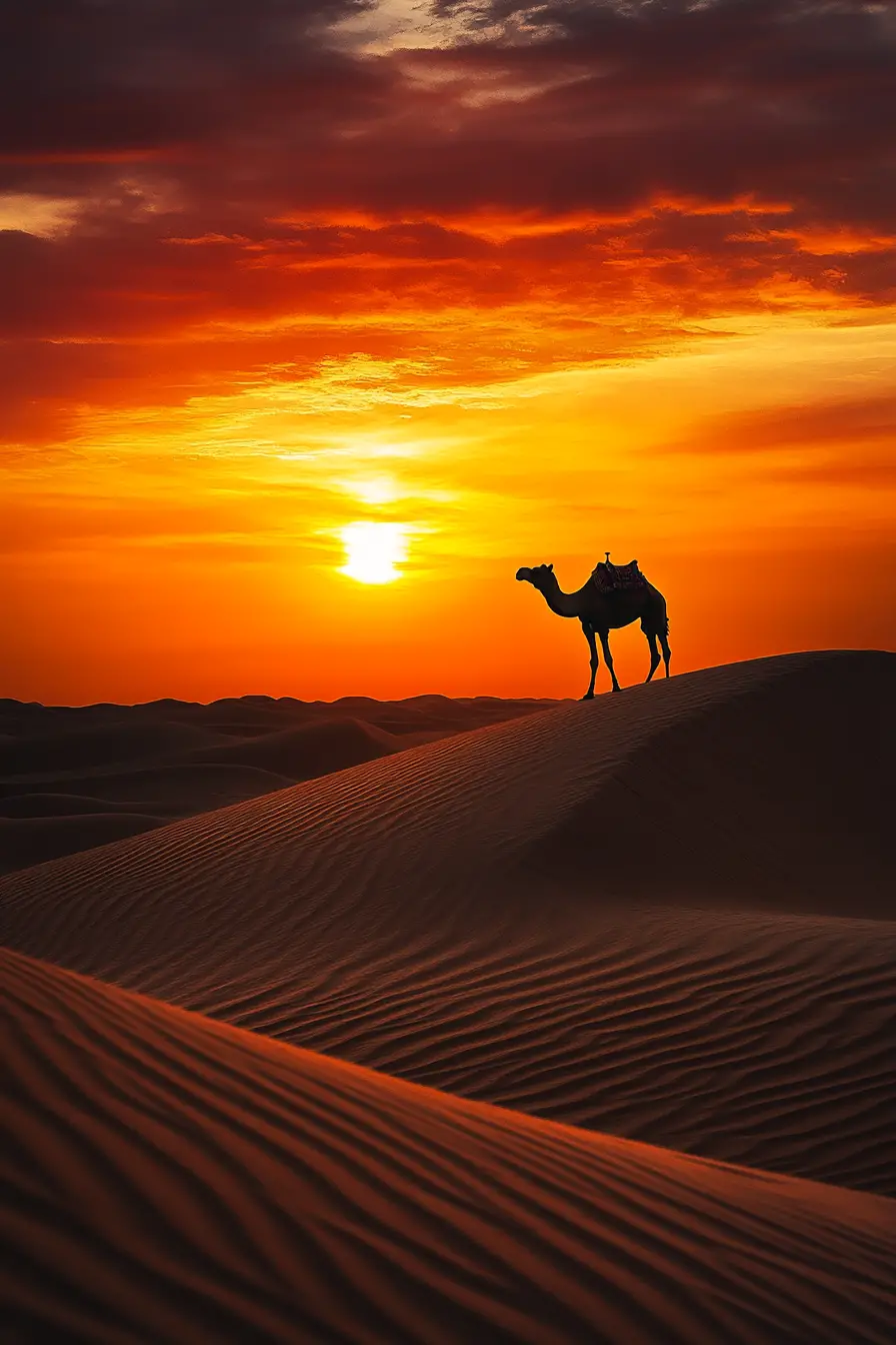 Camel Silhouette On Desert Dune At Fiery Sunset Sky