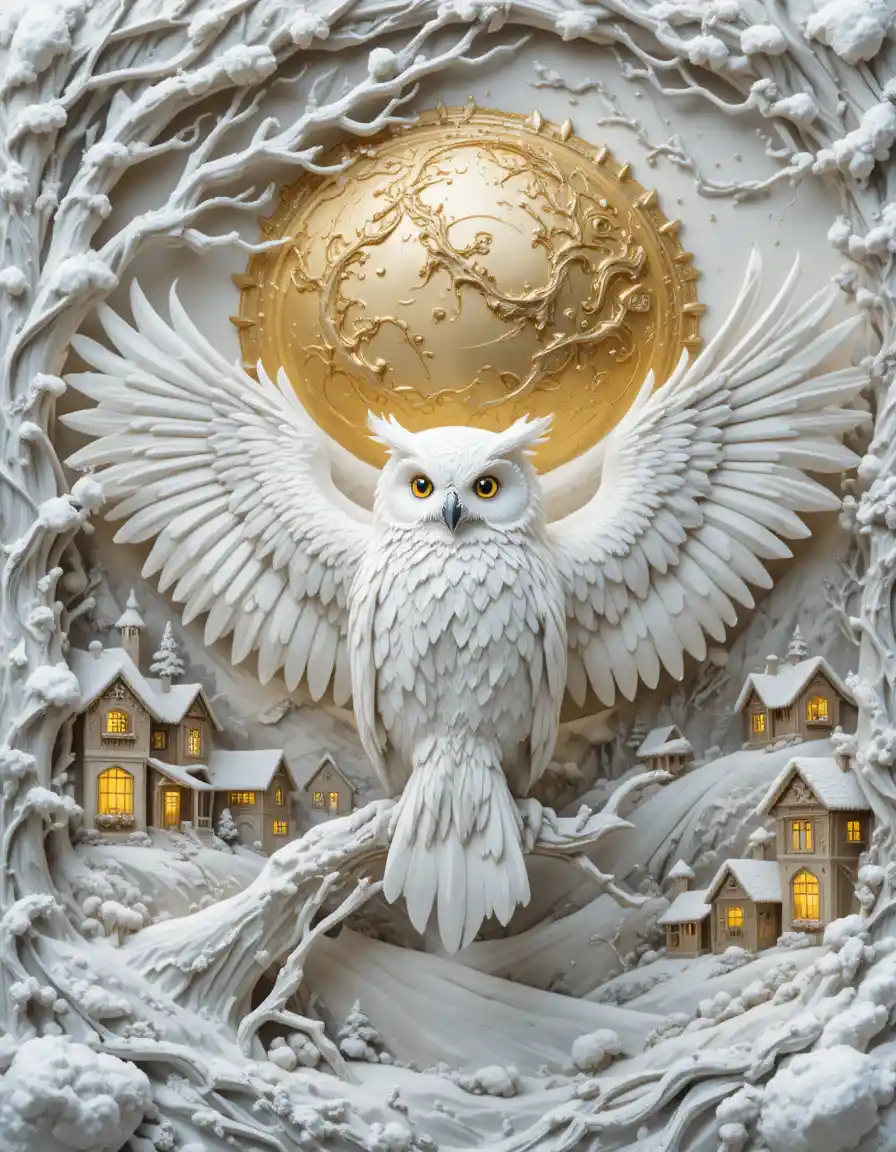 White owl over a snowy village in glowing golden sunlight