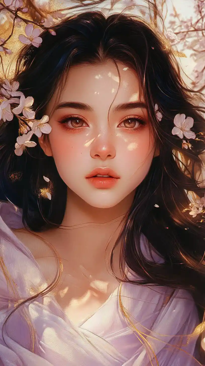 Joyful east asian girl portrait with cherry blossoms
