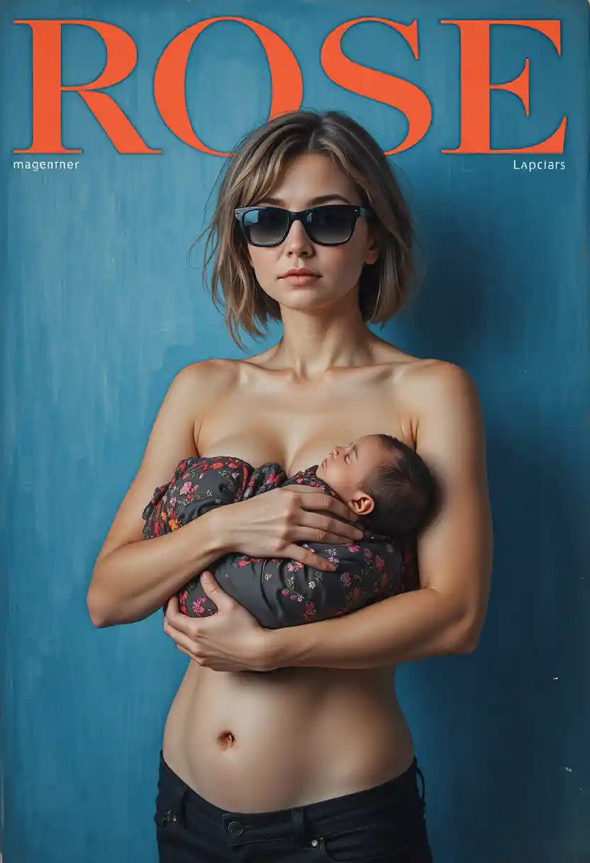 Woman with post mastectomy scar breastfeeding newborn on blue background