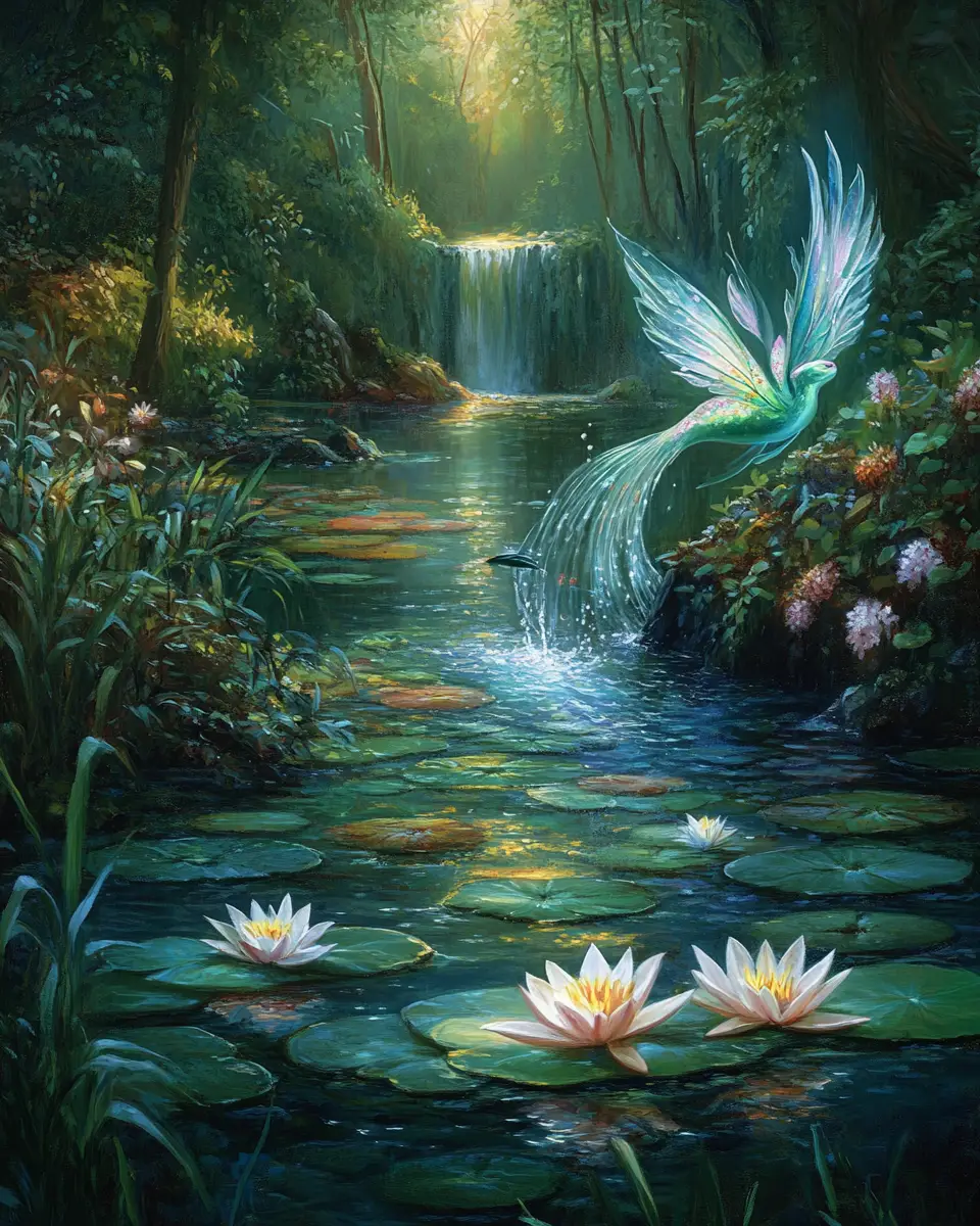 Water nymph gliding through a serene forest pond
