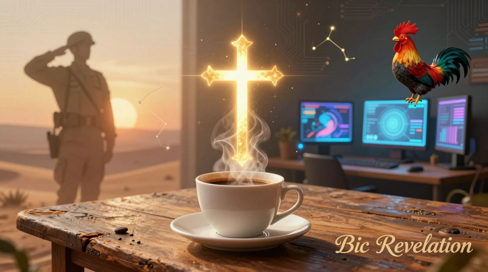 Glowing golden cross rising from a steaming coffee cup
