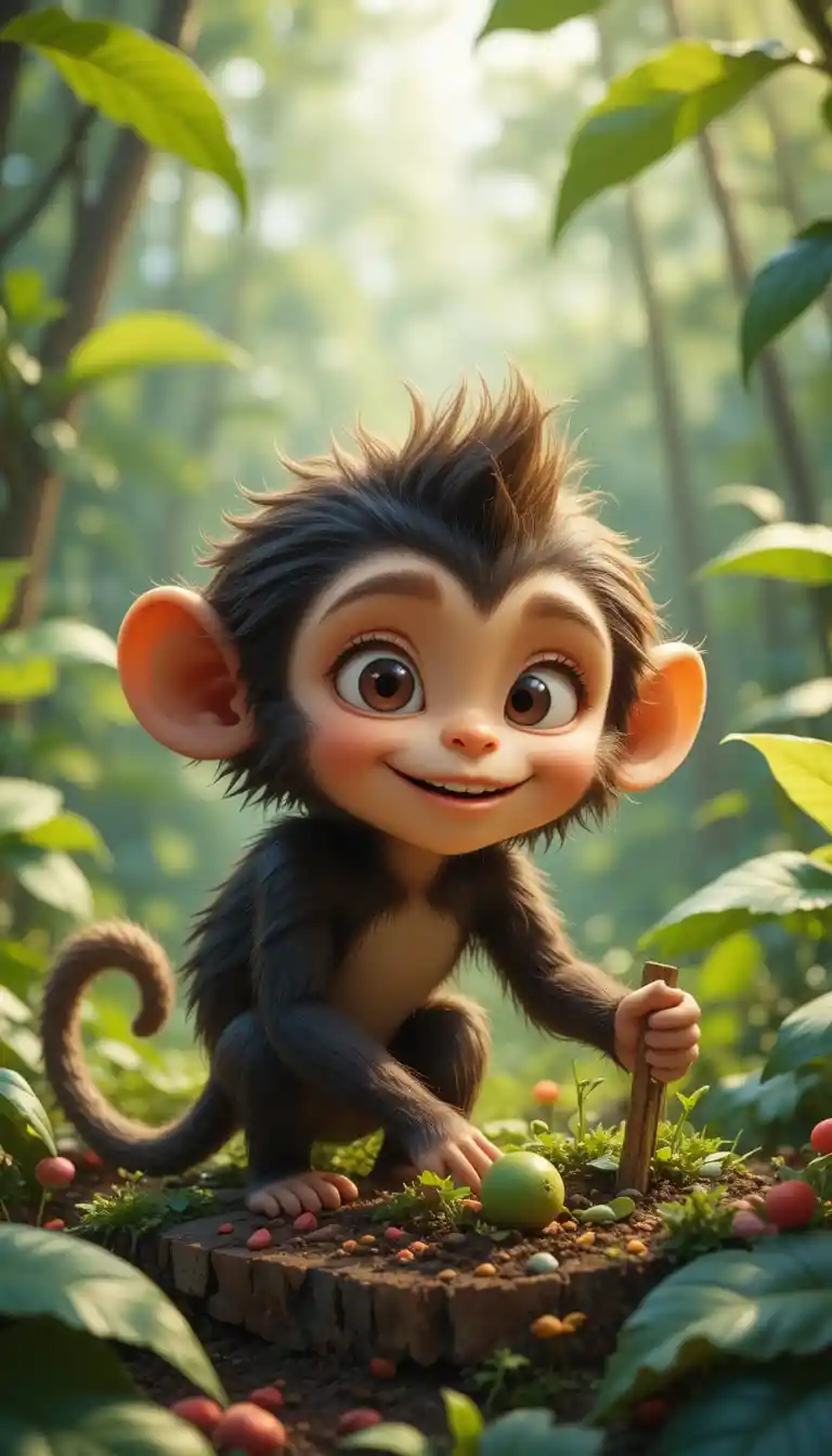 Le singe espiègle Chiku observe un fermier dans la jungle