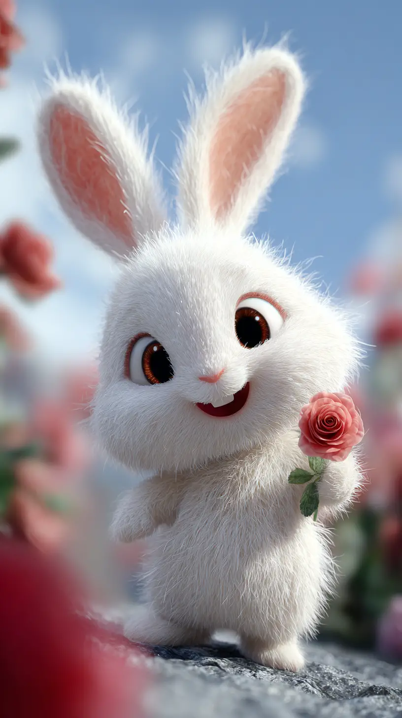 Cute white cartoon rabbit enjoying a sunny day