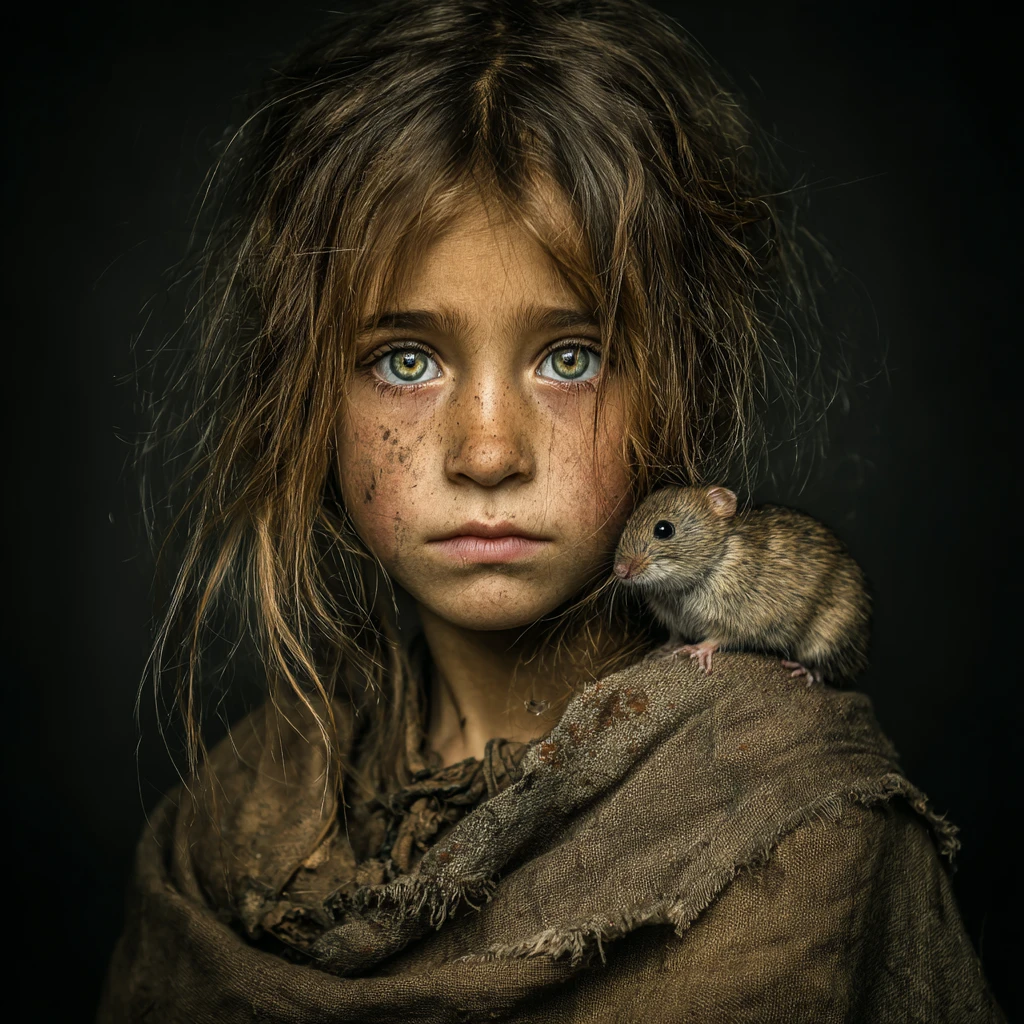 Niña joven con ratón compañero en un espacio sombrío