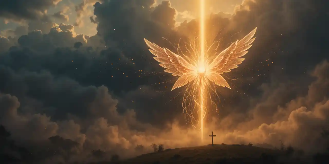 Heavenly light illuminating a radiant flower and wooden cross